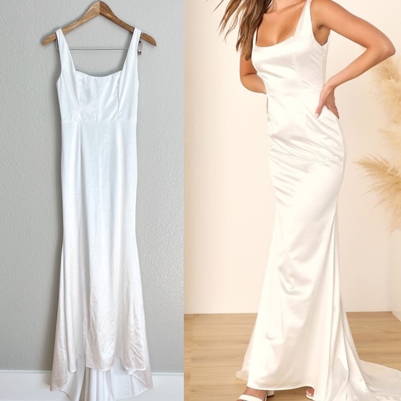 Lulus Dresses & Skirts - Sensational Promise White Satin Square Neck Mermaid Maxi
